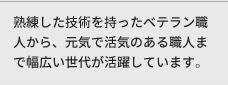 熟練した技術を持ったベテラン職人から、元気で活気のある職人まで幅広い世代が活躍しています。